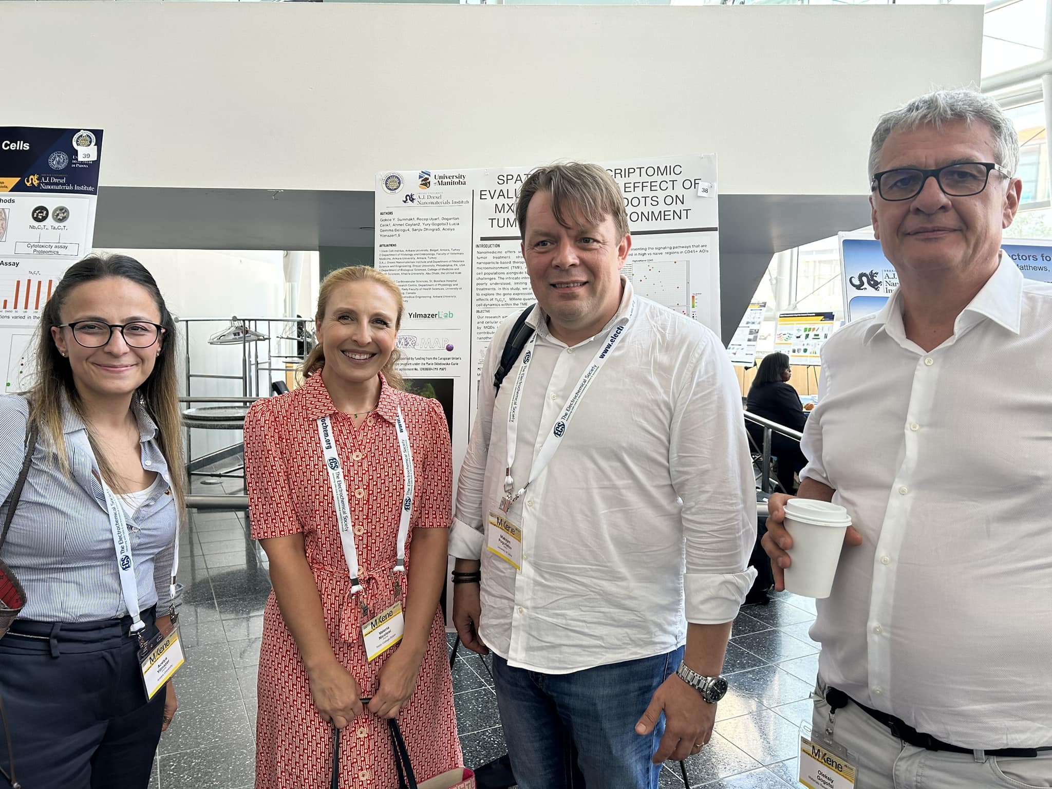 3rd International MXene Conference 2024 at Drexel University, from left to right: Dr Acelya (Ankara University, Turkey), Dr. Valeria Nicolosi (Trinity College DUblin, Ireland), Dr. Maksym Pogorielov (University of Latvia), Dr. Oleksiy Gogotsi (MRC and Carbon-Ukraine companies from Kyiv, Ukraine) 3rd International MXene Conference 2024 at Drexel University, from left to right: Dr Acelya (Ankara University, Turkey), Dr. Valeria Nicolosi (Trinity College DUblin, Ireland), Dr. Maksym Pogorielov (University of Latvia), Dr. Oleksiy Gogotsi (MRC and Carbon-Ukraine companies from Kyiv, Ukraine)