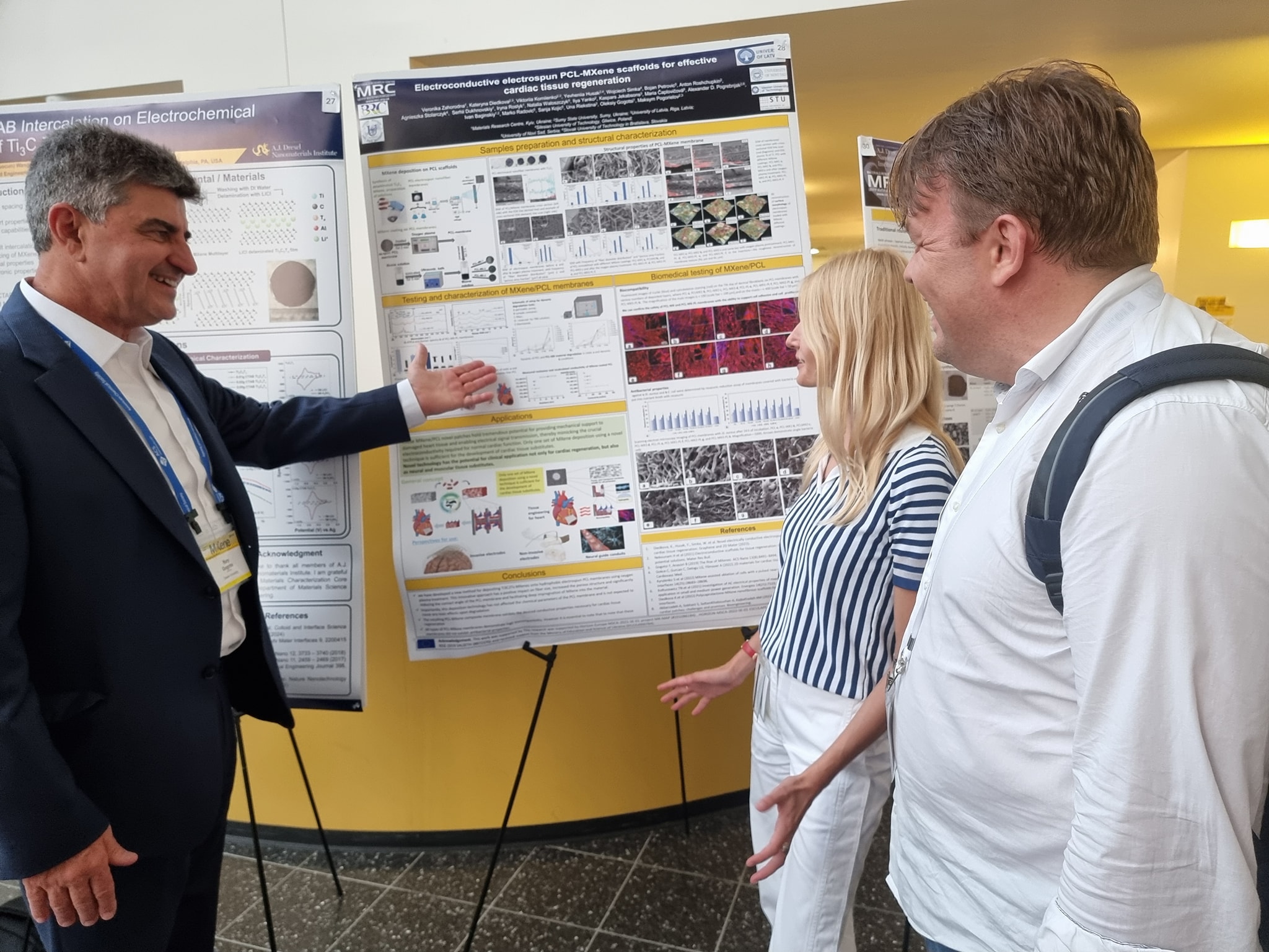3rd International MXene Conference 2024 at Drexel University, conference organizer Prof. Yury Gogotsi (Drexel University), Dr. Maksym Pogorielov (University of Latvia) and Veronika Zahorodna(MRC and Carbon-Ukraine companies from Kyiv, Ukraine), presenting joint collaborative work at poster session on Novel PCL-MXene patches for effective cardiac tissue regeneration 3rd International MXene Conference 2024 at Drexel University, conference organizer Prof. Yury Gogotsi (Drexel University), Dr. Maksym Pogorielov (University of Latvia) and Veronika Zahorodna(MRC and Carbon-Ukraine companies from Kyiv, Ukraine), presenting joint collaborative work at poster session on Novel PCL-MXene patches for effective cardiac tissue regeneration