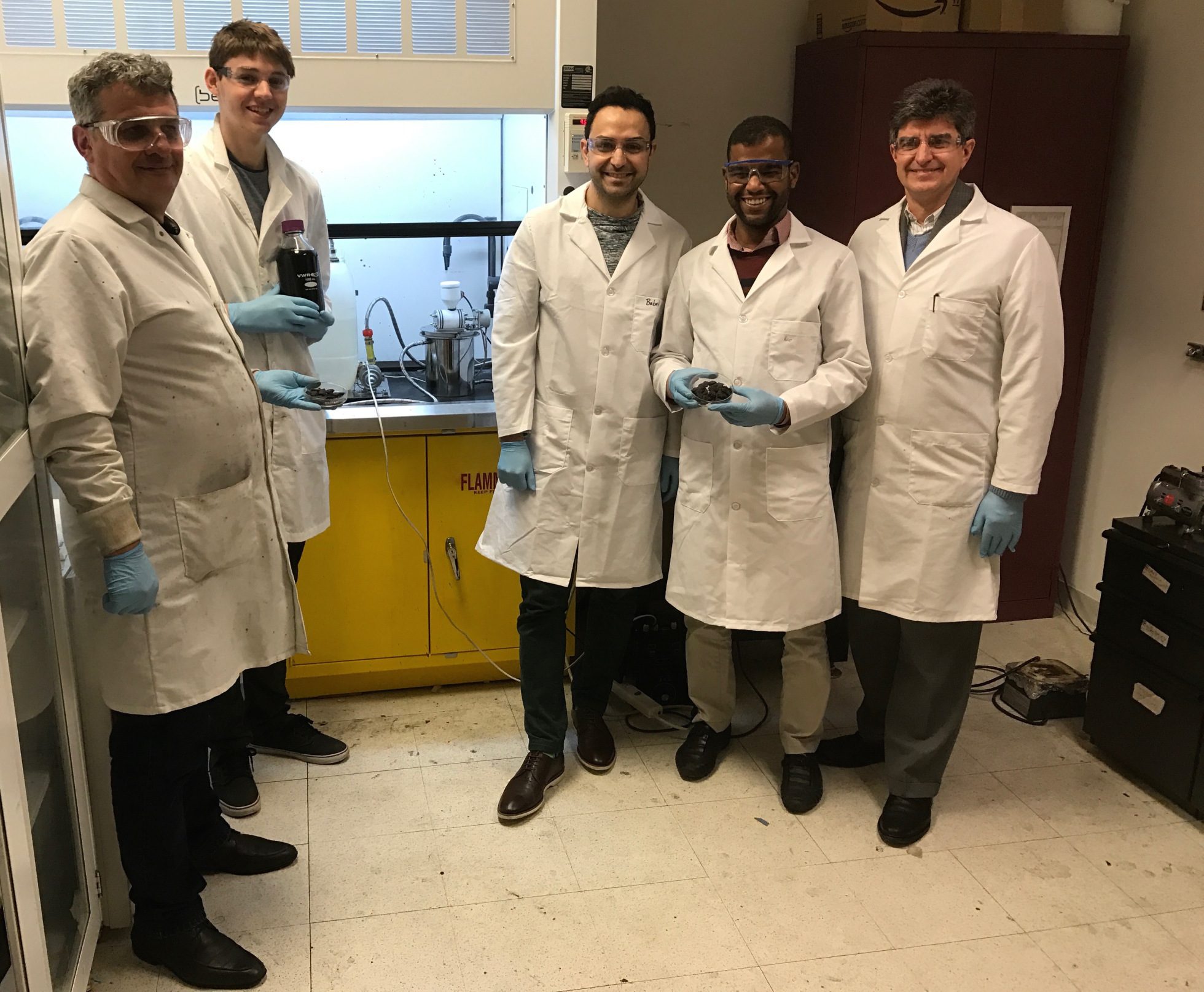 Researchers from the A.J. Drexel Nanomaterials Institute have been studying MXene for nearly half a decade. (L-R): Olekisy Gogotsi (Director of Materials Research Center, Ukraine), Gabriel Scull, Babak Anasori, Mohamed Alhabeb, Yury Gogotsi. Researchers from the A.J. Drexel Nanomaterials Institute have been studying MXene for nearly half a decade. (L-R): Olekisy Gogotsi (Director of Materials Research Center, Ukraine), Gabriel Scull, Babak Anasori, Mohamed Alhabeb, Yury Gogotsi.