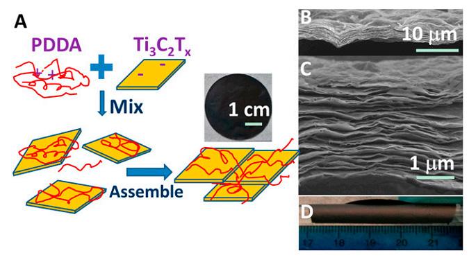 Fig. 3. Flexible free-standing Ti 3 C 2 T x /PDDA films. (A) Schematic illustration of synthesis of Ti 3 C 2 T x /PDDA hybrids and their assembled films. (B and C) Cross-sectional SEM images of films at different magnifications. (D) Digital image of a film wrapped around a glass rod with a 10 mm diameter. Fig. 3. Flexible free-standing Ti 3 C 2 T x /PDDA films. (A) Schematic illustration of synthesis of Ti 3 C 2 T x /PDDA hybrids and their assembled films. (B and C) Cross-sectional SEM images of films at different magnifications. (D) Digital image of a film wrapped around a glass rod with a 10 mm diameter.