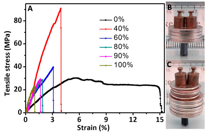 Fig. 5. Mechanical properties of flexible free-standing Ti 3 C 2 T x , Ti 3 C 2 T x /PVA, and cast PVA films. (A) Stress–strain curves for Ti 3 C 2 T x /PVA films with dif- ferent Ti 3 C 2 T x content. (B) The 6-mm-diameter, 1-cm-high cylinder, weighing 6.18 mg, made from a 35-mm-long, 10-mm-wide and 5.1-μm-thick strip of Ti 3 C 2 T x , can support ∼4,000 times its own weight. (C) The 6-mm-diameter, 10-mm-high hollow cylinder, weighing 4.75 mg, made from a 35-mm- long, 10-mm-wide, 3.9-μm-thick strip of 90 wt% Ti 3 C 2 T x /PVA, can support ∼15,000 times its own weight. The loads used were nickels (5 g), dimes (2.27 g), and 2.0-g weights. Fig. 5. Mechanical properties of flexible free-standing Ti 3 C 2 T x , Ti 3 C 2 T x /PVA, and cast PVA films. (A) Stress–strain curves for Ti 3 C 2 T x /PVA films with dif- ferent Ti 3 C 2 T x content. (B) The 6-mm-diameter, 1-cm-high cylinder, weighing 6.18 mg, made from a 35-mm-long, 10-mm-wide and 5.1-μm-thick strip of Ti 3 C 2 T x , can support ∼4,000 times its own weight. (C) The 6-mm-diameter, 10-mm-high hollow cylinder, weighing 4.75 mg, made from a 35-mm- long, 10-mm-wide, 3.9-μm-thick strip of 90 wt% Ti 3 C 2 T x /PVA, can support ∼15,000 times its own weight. The loads used were nickels (5 g), dimes (2.27 g), and 2.0-g weights.