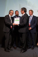 From left to right - Rusnanoprize laureate prof. Patrice Simon, Paul Sabatier University (Toulouse, France), Ilya Abrosimov, Vice-President of Bank Otkritie Financial Corporation, prof. Dieter Bimberg,Executive director of the Center of Nanophotonics at Institute of Solid State Physics, Technical University of Berlin, Chairman of the Executive Board of RUSNANO Anatoly Chubais