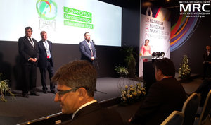 In the foreground - prof. Yury Gogotsi, Rusnanoprize laureate, at the scene from left to right: Executive director of the Center of Nanophotonics at Institute of Solid State Physics, Technical University of Berlin, prof. Dieter Bimberg; Chairman of the Executive Board of RUSNANO Anatoly Chubais; Ilya Abrosimov, Vice-President of Bank Otkritie Financial Corporation