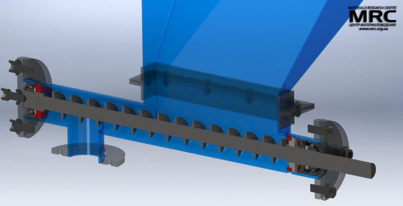 На 3D модели показан разрез шнекового питателя для подачи материала 3D модель шнекового питателя для подачи материала